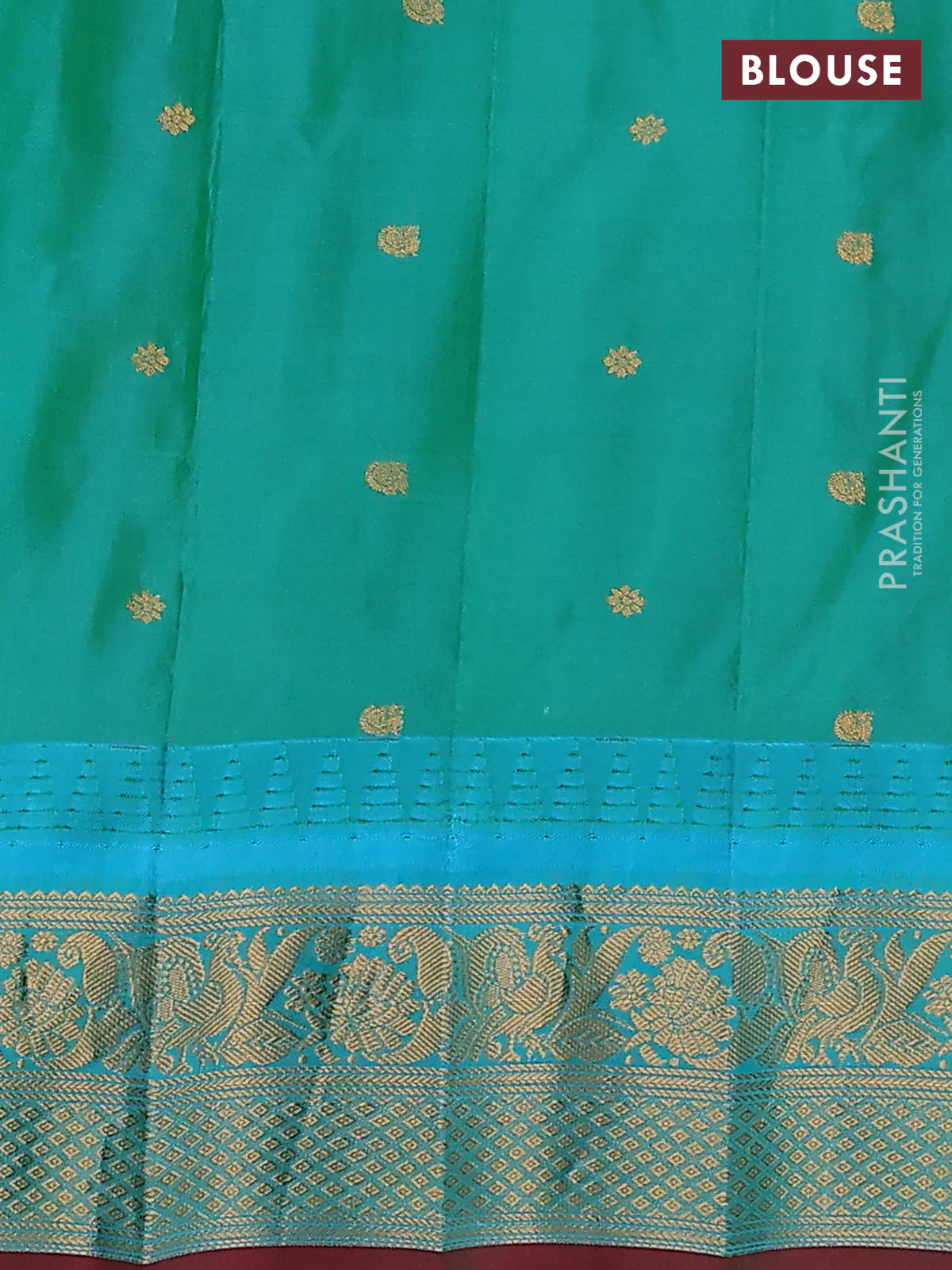 Pure gadwal silk saree dark mustard and teal green with allover checks & zari buttas and temple design zari woven border - Image 4