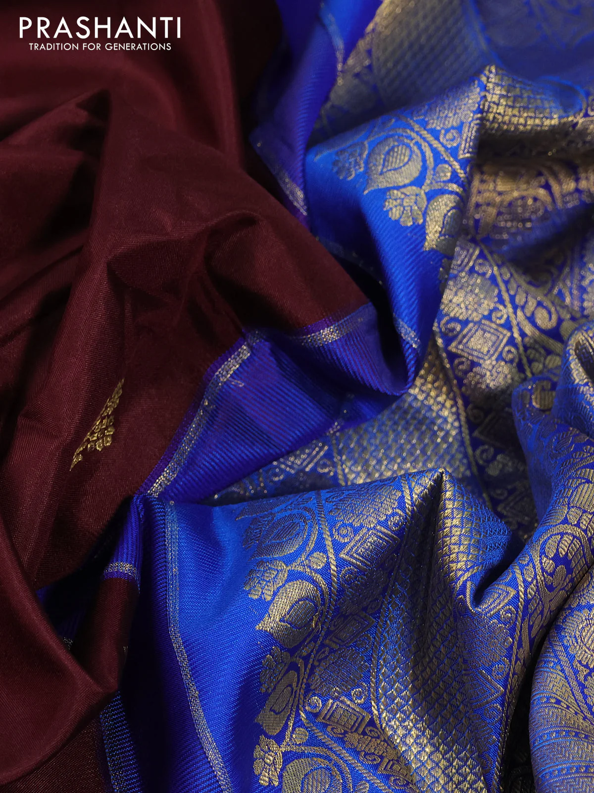 Pure gadwal silk saree deep maroon and blue with silver & gold zari woven buttas and long zari woven border - Image 3
