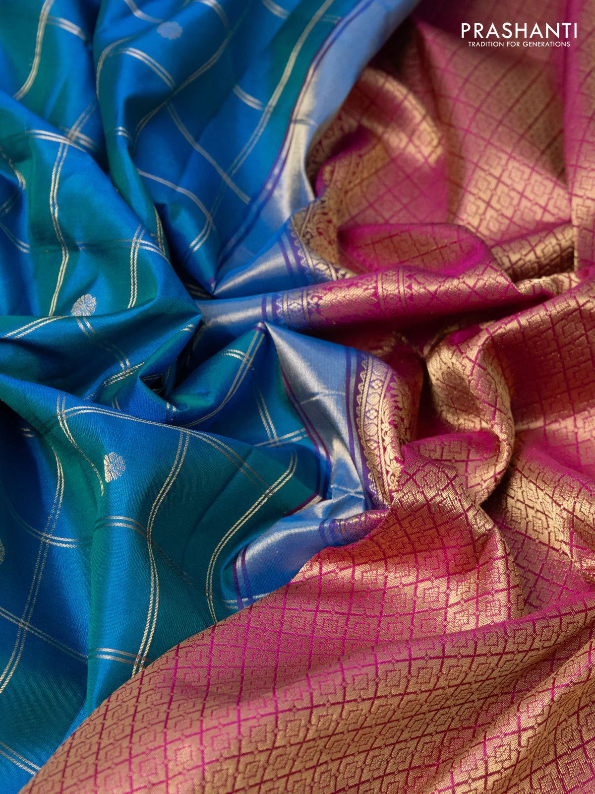 Pure gadwal silk saree dual shade of blue and pink with allover zari checks & buttas and long temple design zari woven border - Image 3