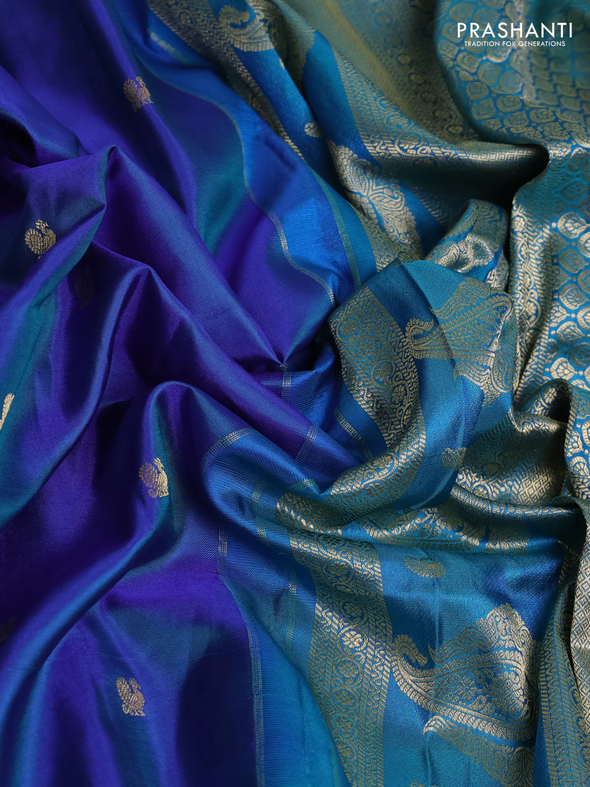 Pure gadwal silk saree dual shade of blue and teal blue with annam zari woven buttas and temple design zari woven border - Image 3