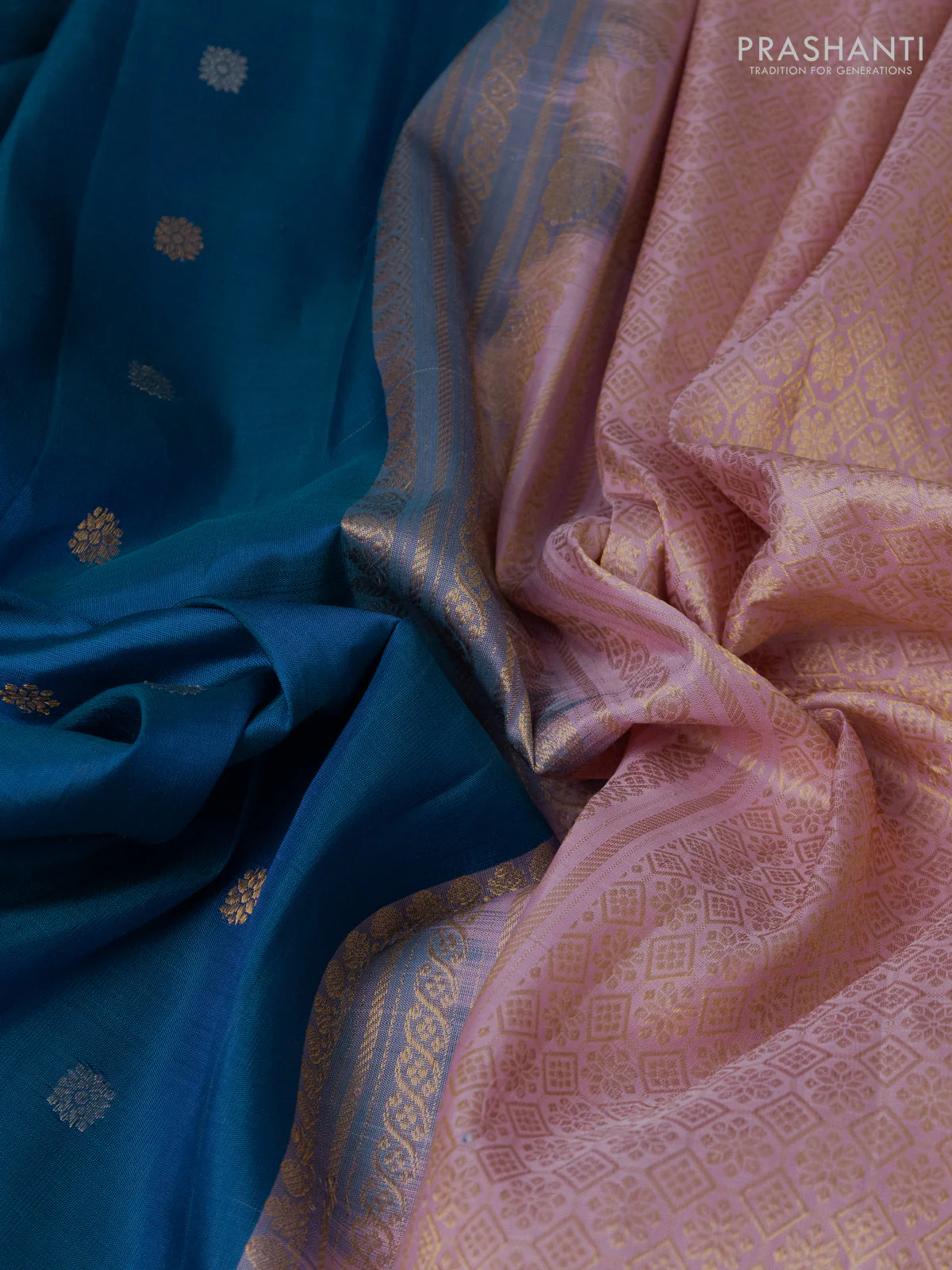Pure gadwal silk saree dual shade of bluish green and light pink with silver & gold zari woven buttas and temple design zari woven border - Image 3