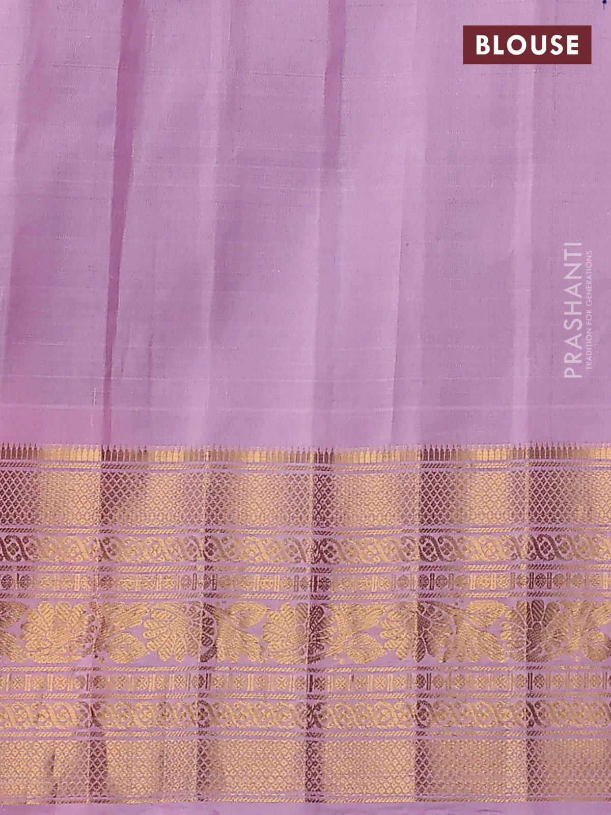 Pure gadwal silk saree dual shade of bluish green and light pink with silver & gold zari woven buttas and temple design zari woven border - Image 4