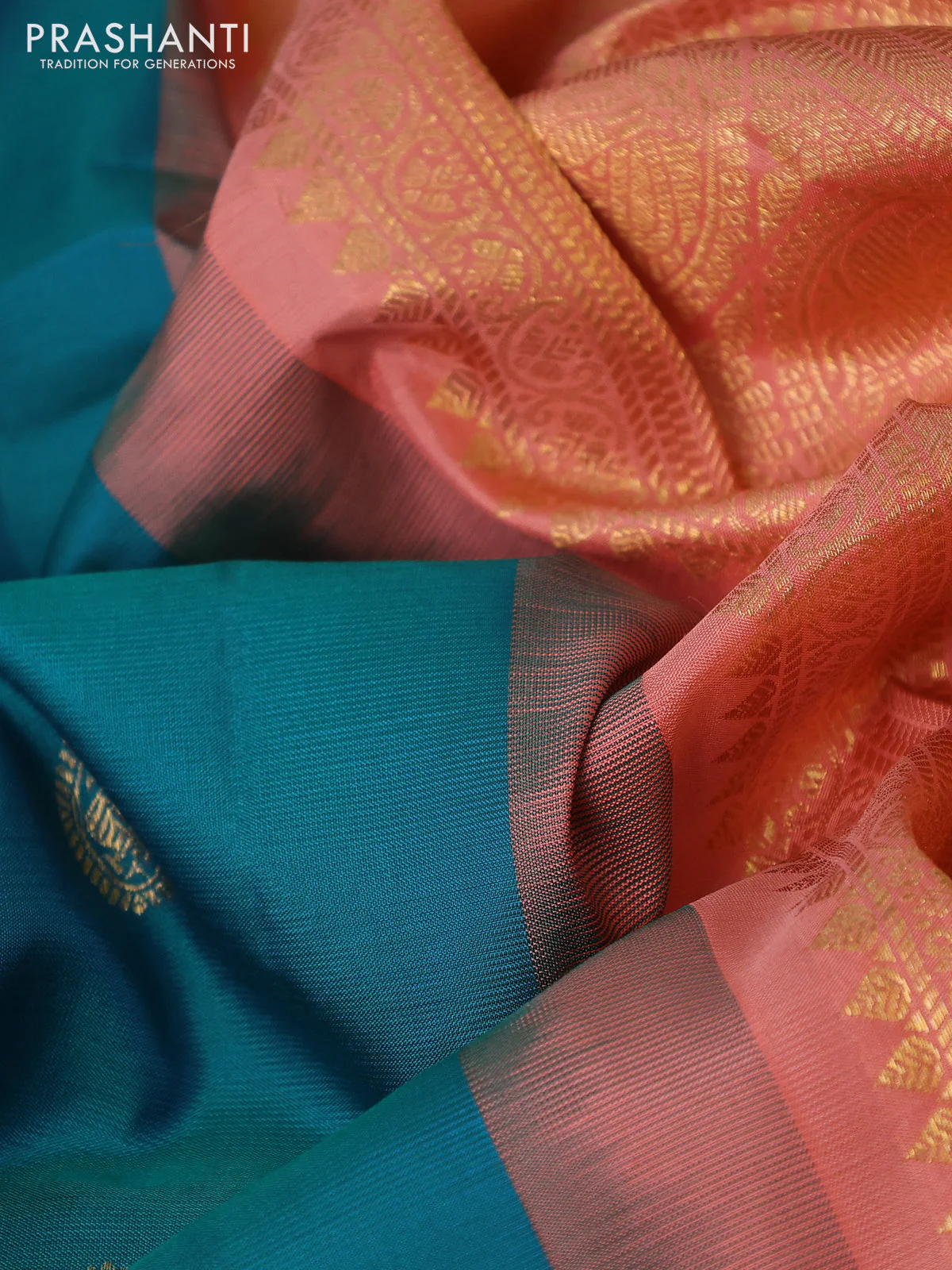 Pure gadwal silk saree dual shade of bluish green and peach shade with zari woven annam buttas and temple design zari woven border - Image 3