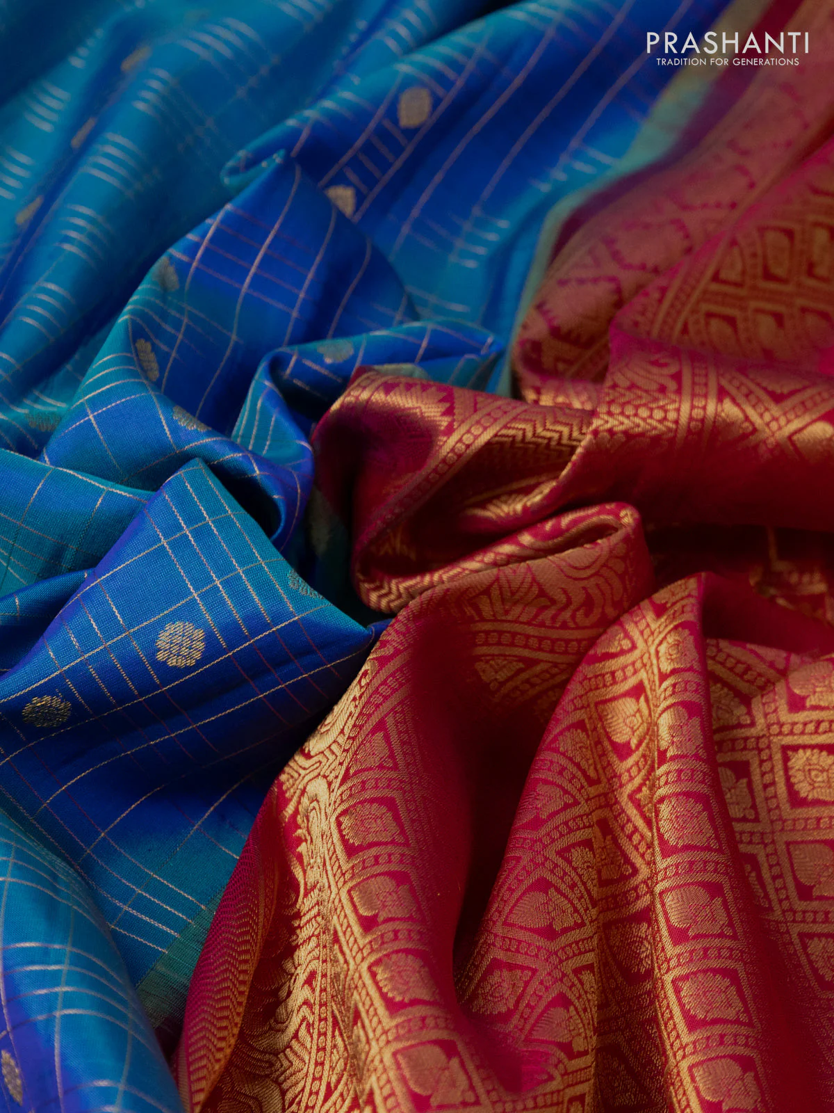 Pure gadwal silk saree dual shade of bluish green and pink with allover zari checks & buttas and long rich zari woven border - Image 3