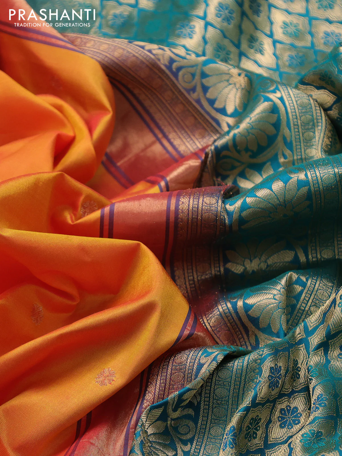 Pure gadwal silk saree dual shade of mustard yellowish pink and teal green with zari woven buttas and temple design zari woven korvai border - Image 3