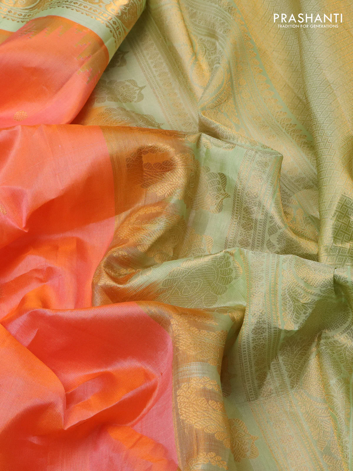Pure gadwal silk saree dual shade of peach orange and pista green with zari woven buttas and temple design zari woven border - Image 3