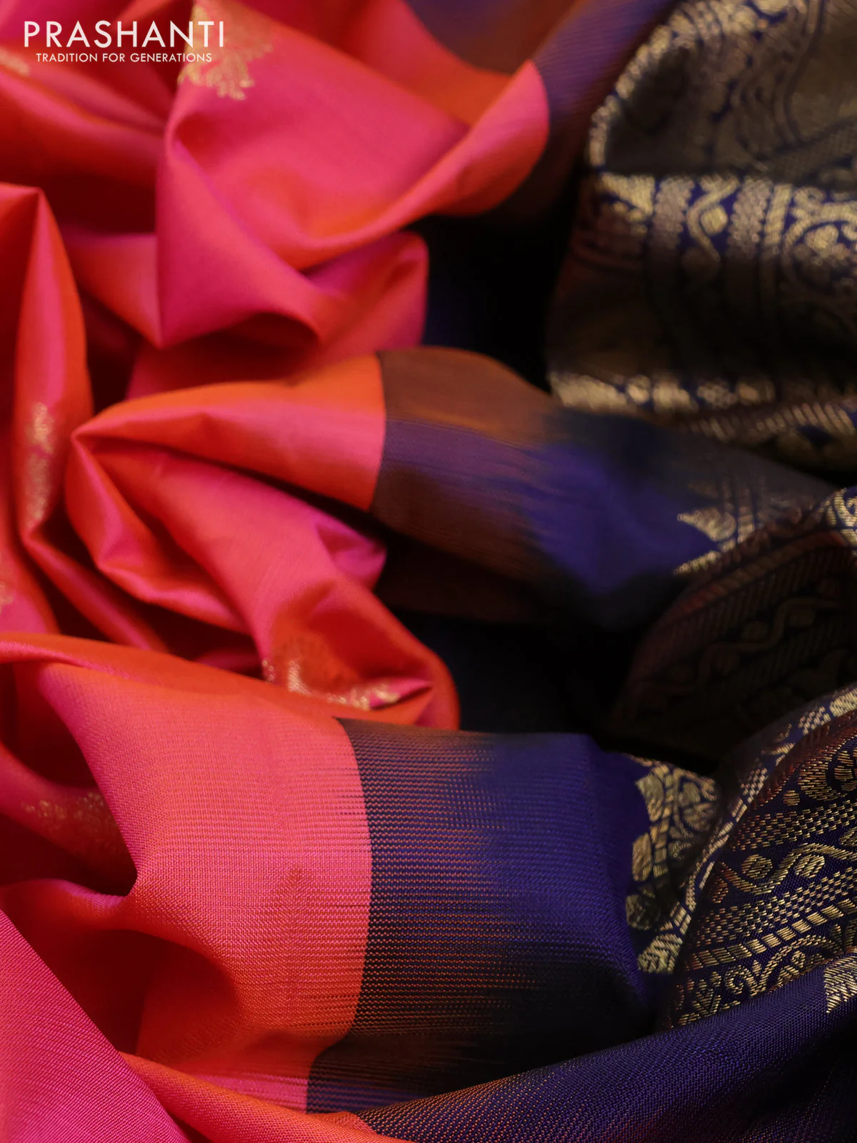 Pure gadwal silk saree dual shade of peach pink and navy blue with annam zari woven buttas and temple design zari woven border - Image 3