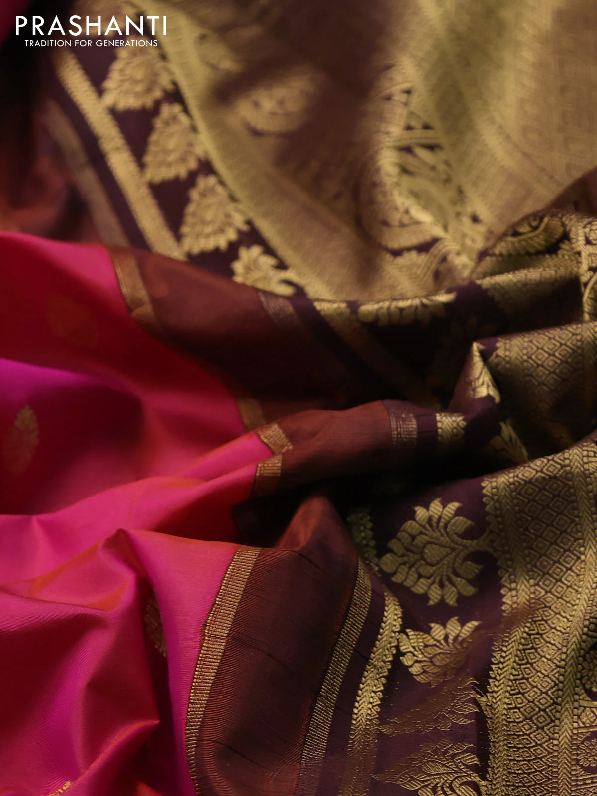 Pure gadwal silk saree dual shade of pink and coffee brown with zari woven buttas and temple design zari woven border - Image 3