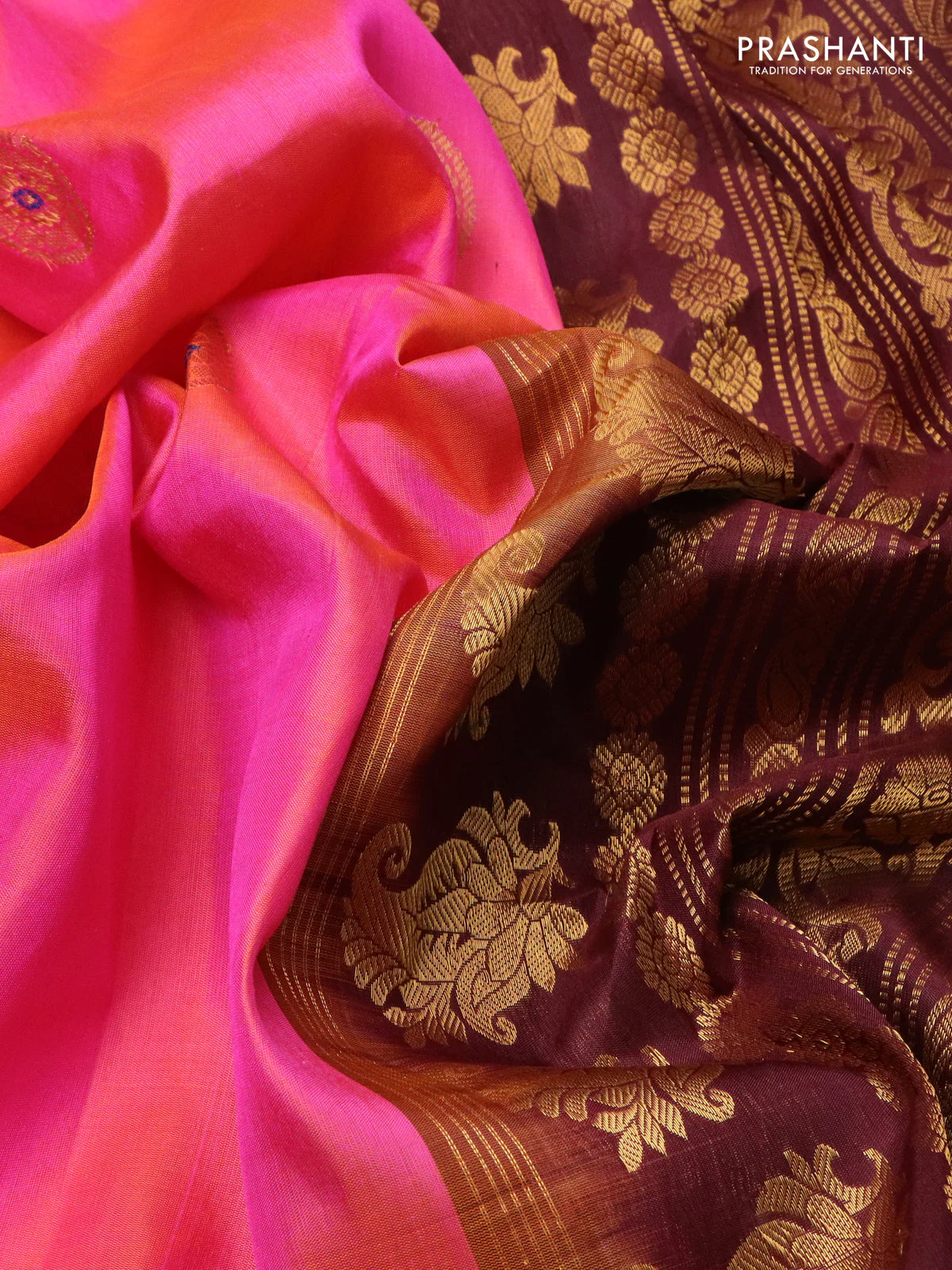 Pure gadwal silk saree dual shade of pinkish orange and deep maroon with zari woven buttas and temple design zari woven border - Image 3
