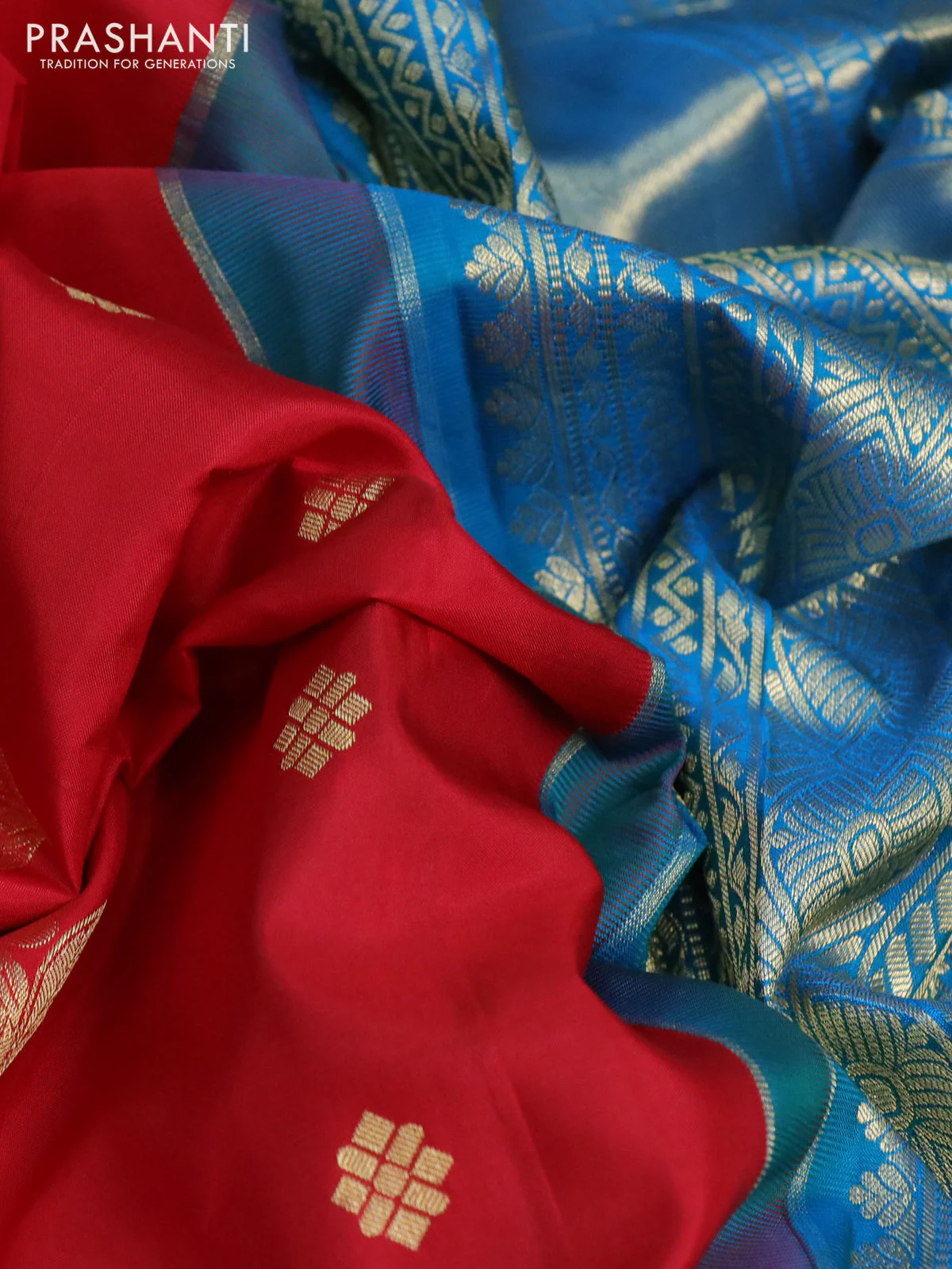 Pure gadwal silk saree dual shade of red and cs blue with zari woven buttas and long zari woven border - Image 3