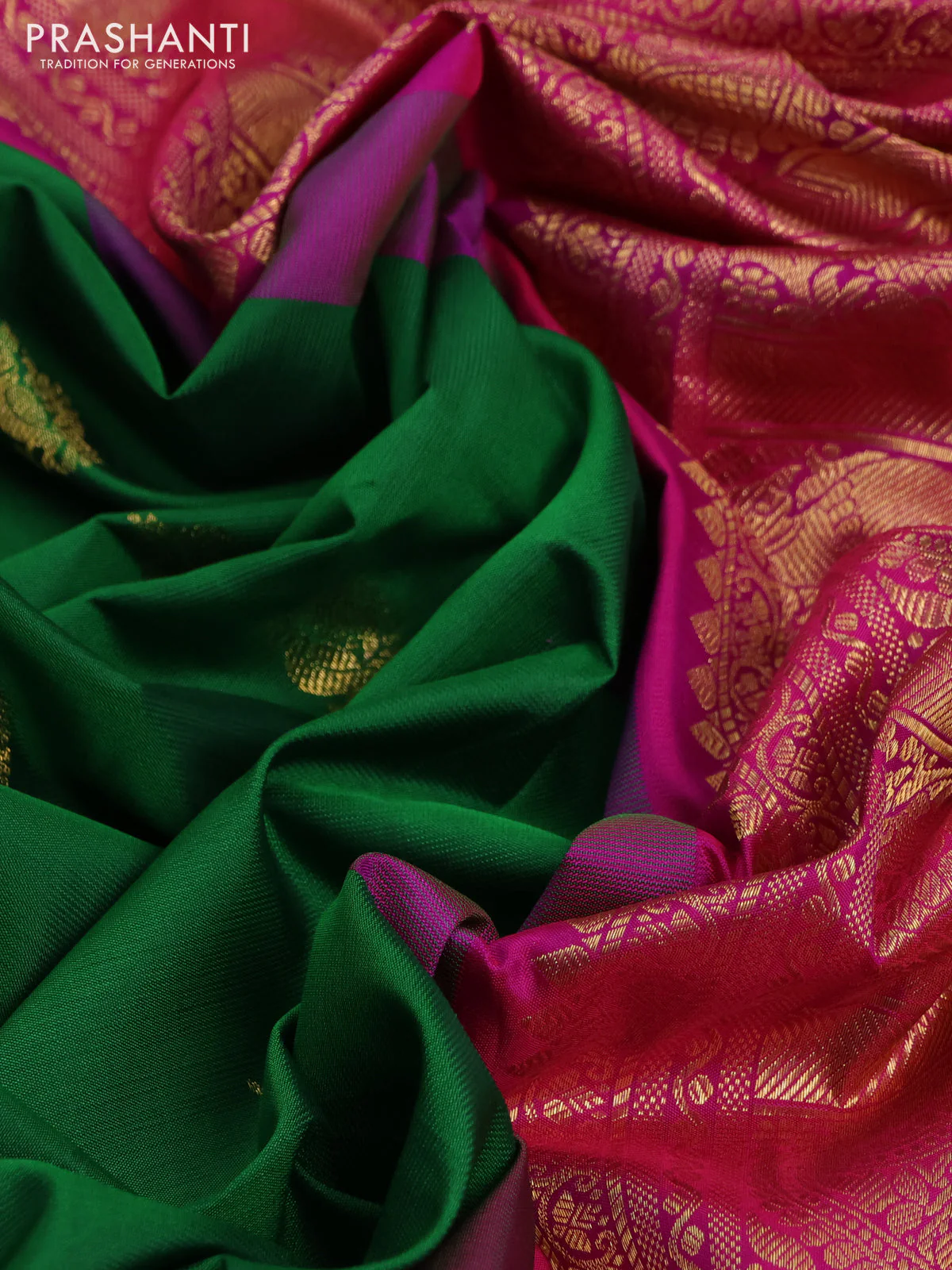 Pure gadwal silk saree green and magenta pink with annam zari woven buttas and temple design zari woven border - Image 3