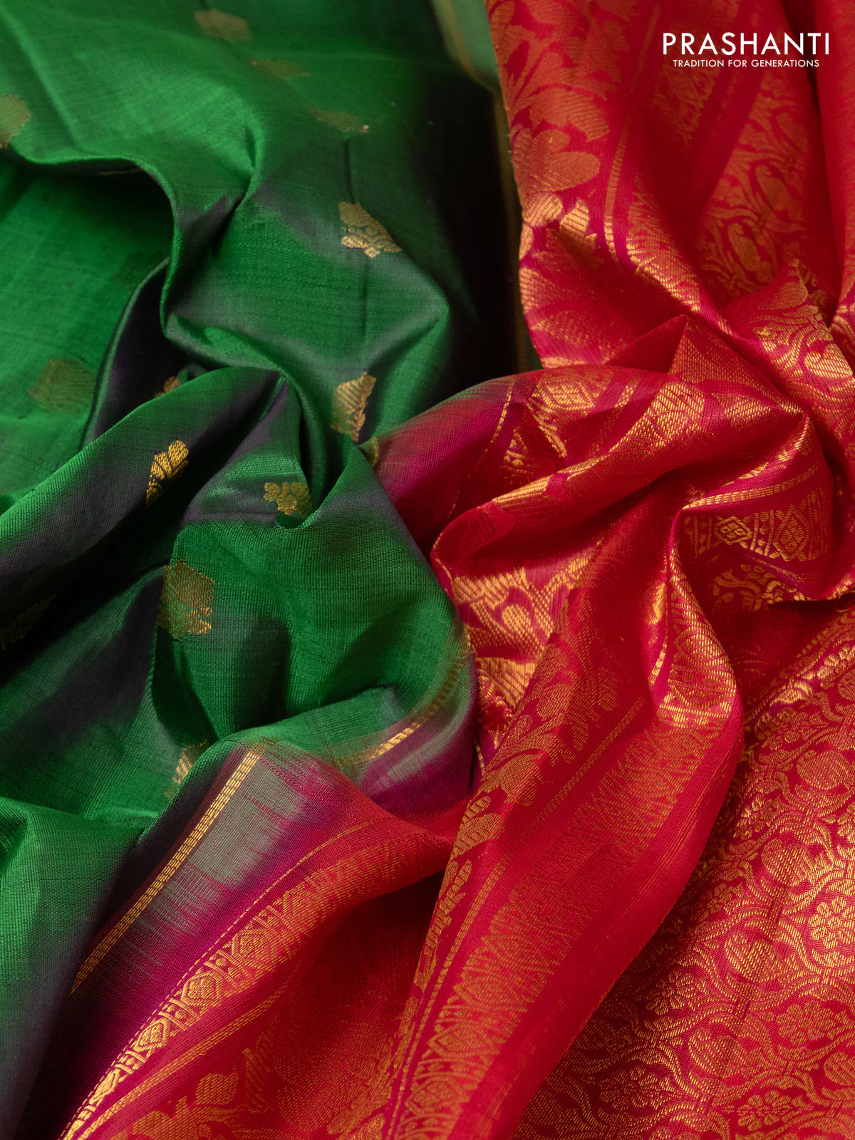 Pure gadwal silk saree green and pink with zari woven buttas and temple design zari woven border - Image 3