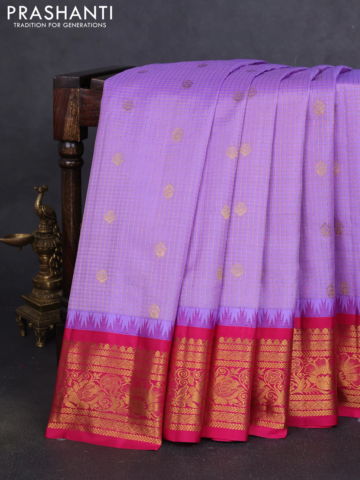 Pure gadwal silk saree lavender and pink with allover zari checks & buttas and temple design zari woven border
