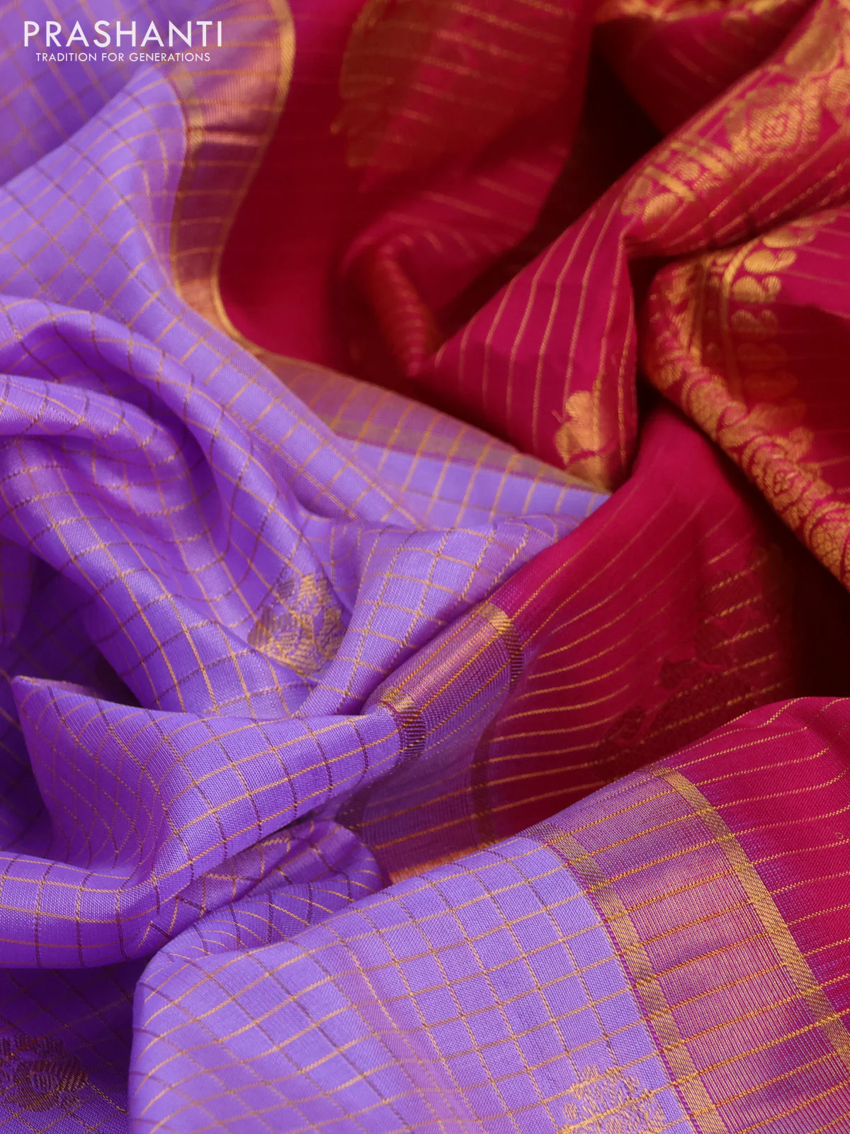 Pure gadwal silk saree lavender and pink with allover zari checks & buttas and temple design zari woven border - Image 3