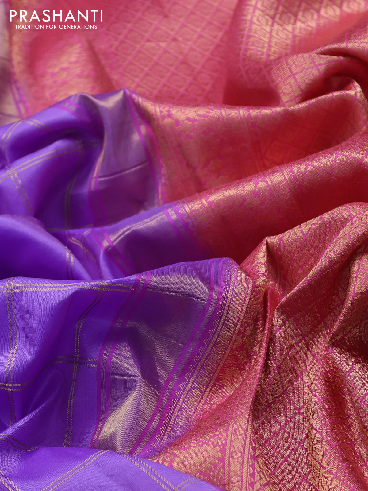 Pure gadwal silk saree lavender and pink with allover zari checks & buttas and temple design zari woven border - Image 3