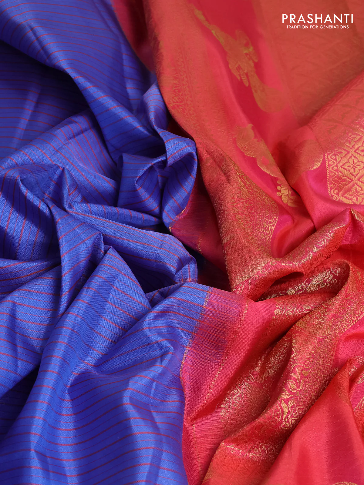 Pure gadwal silk saree lavender shade and peach pink with allover stripe pattern and long zari woven border - Image 3