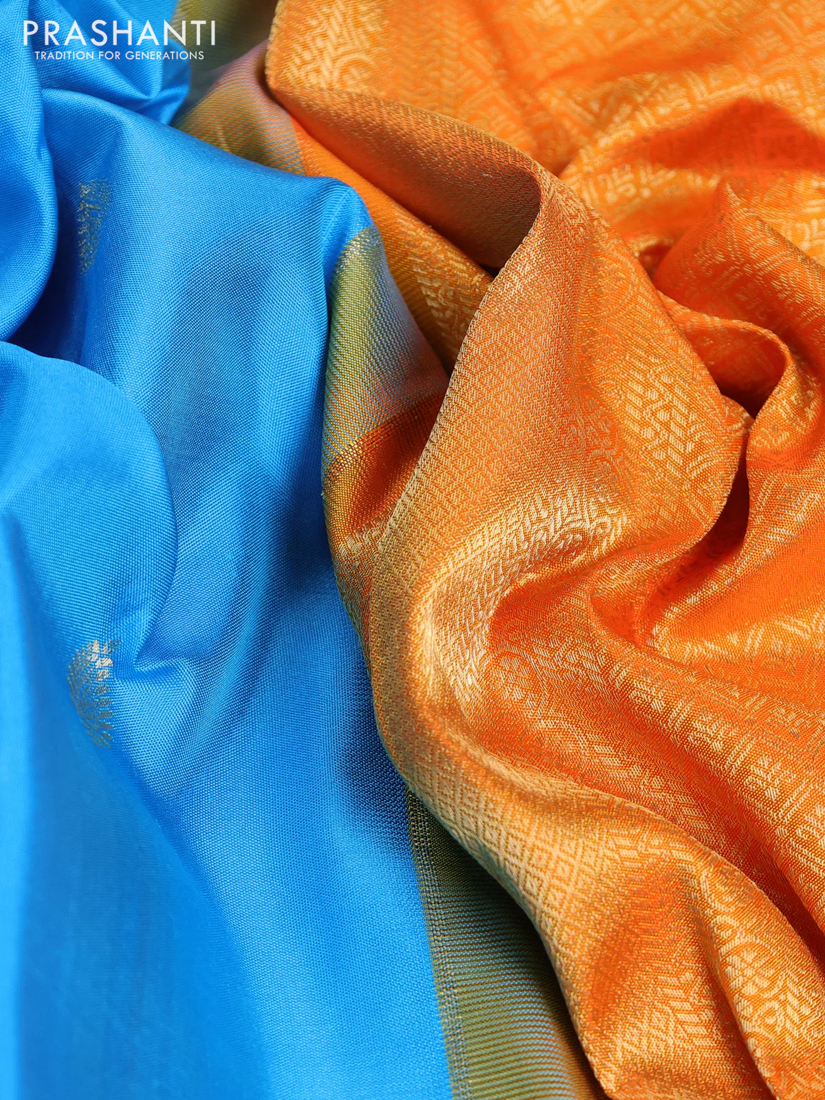 Pure gadwal silk saree light blue and orange with zari woven buttas and temple design zari woven border - Image 3