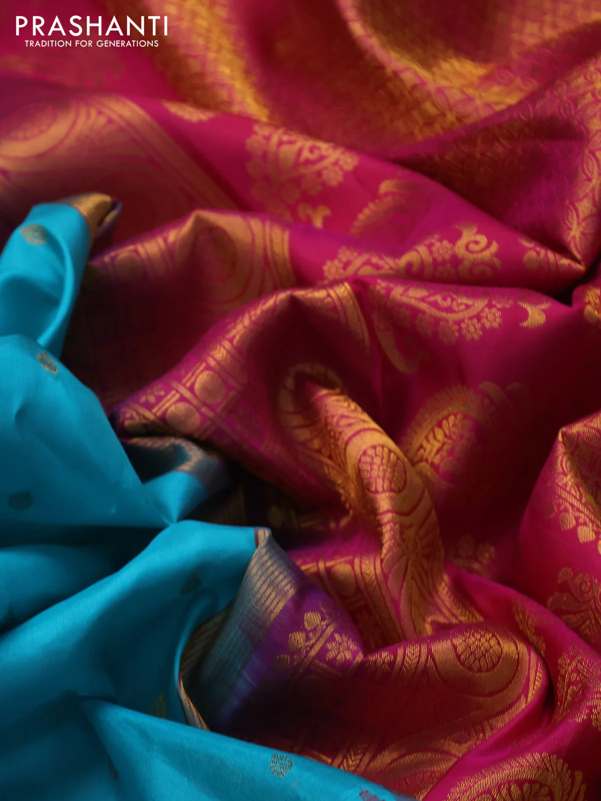 Pure gadwal silk saree light blue and pink with zari woven buttas and temple design rettapet zari woven border - Image 3