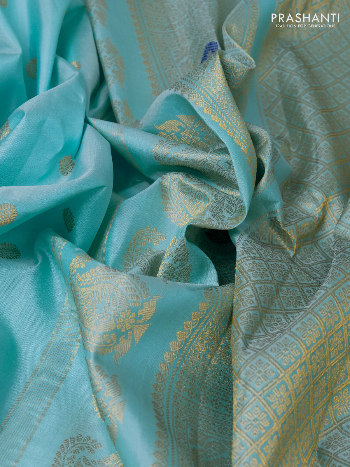 Pure gadwal silk saree light blue with zari woven buttas and paisley zari woven butta border - Image 3