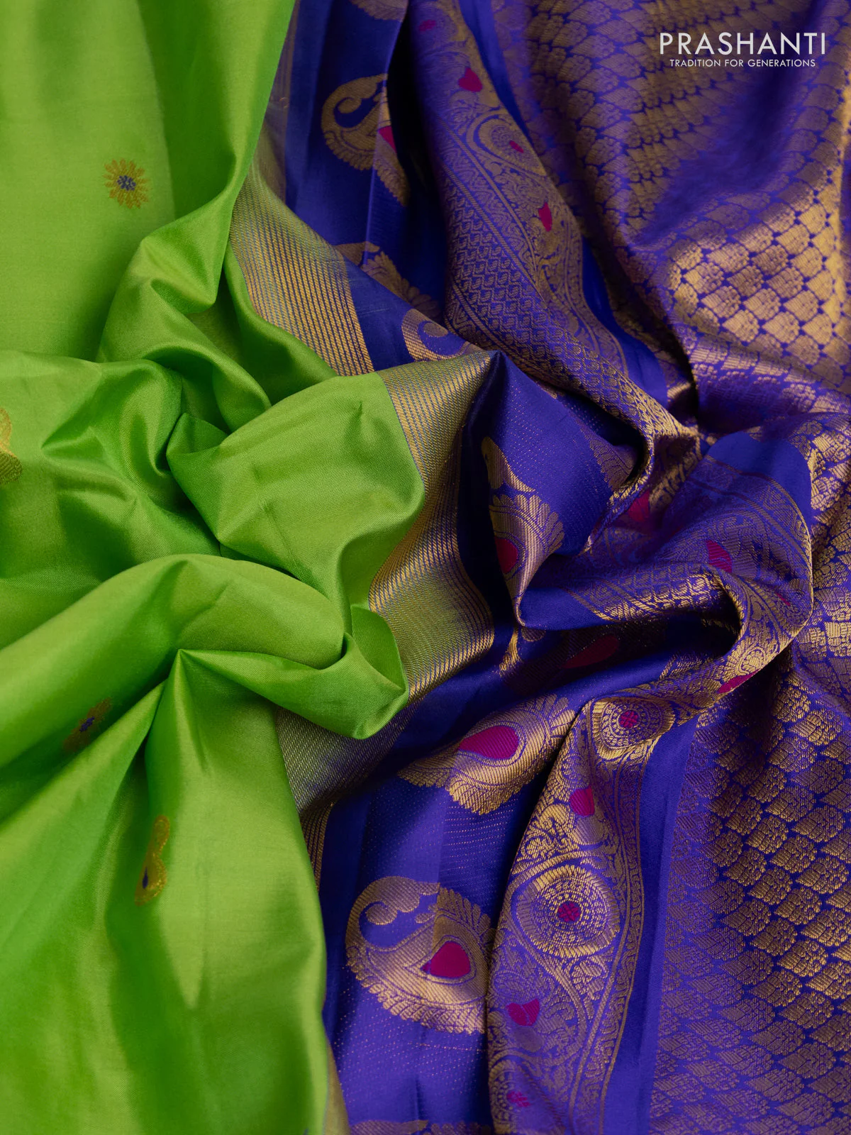 Pure gadwal silk saree light green and blue with zari woven buttas and temple design zari woven border - Image 3