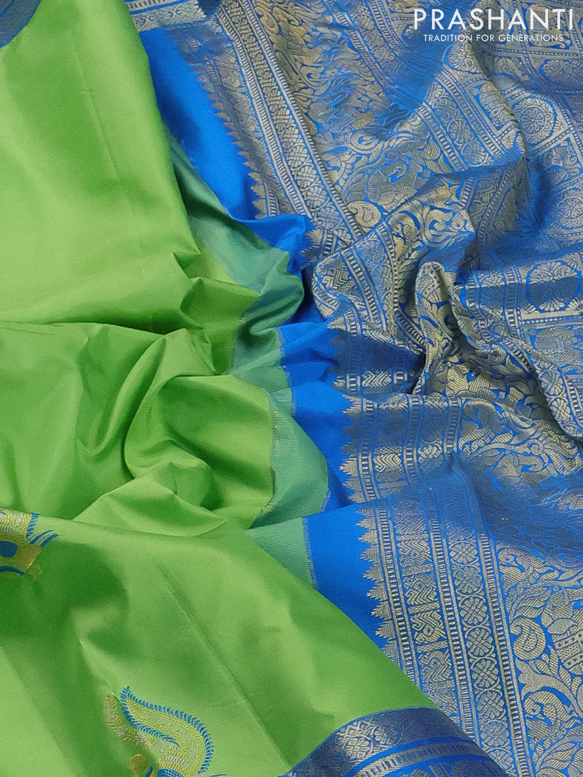 Pure gadwal silk saree light green and cs blue with zari woven buttas and long zari woven border - Image 3