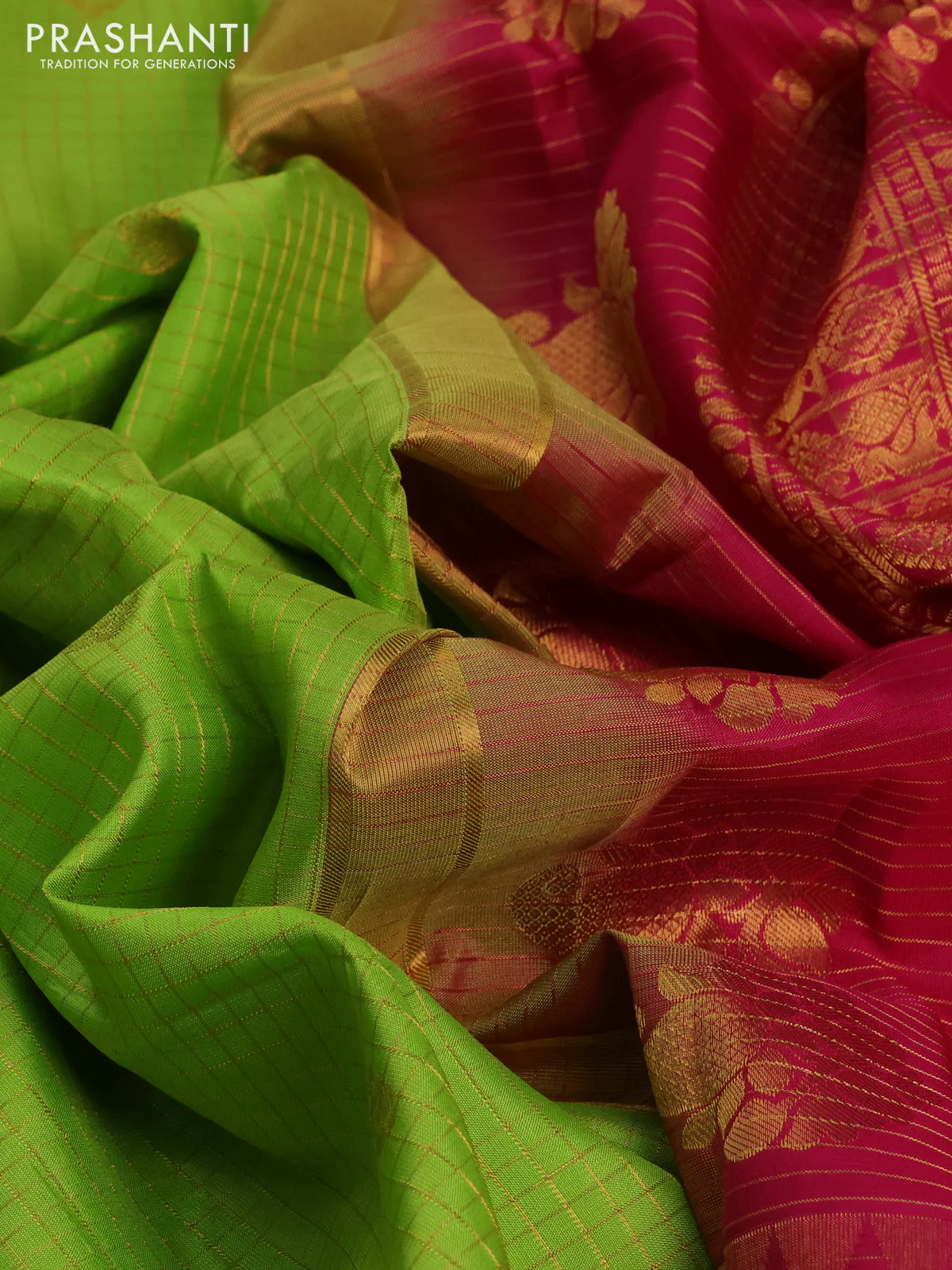 Pure gadwal silk saree light green and pink with allover zari checks & buttas and temple design zari woven border - Image 3
