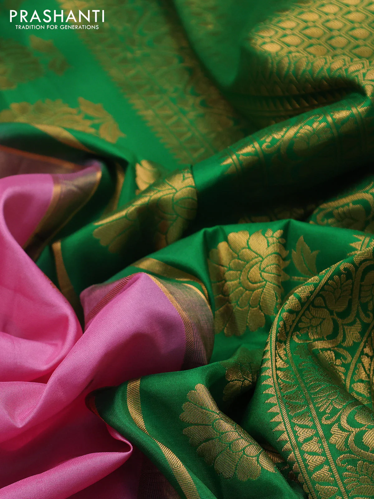 Pure gadwal silk saree light pink and green with allover zari woven buttas and temple design zari woven border - Image 3