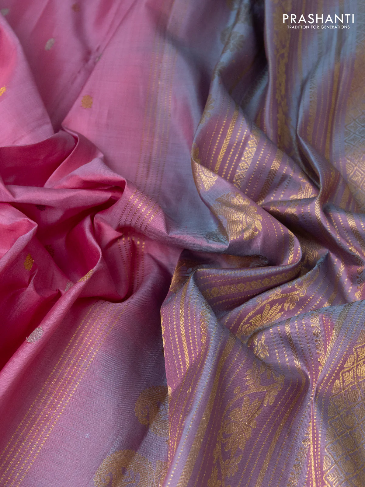 Pure gadwal silk saree light pink and lavender shade with silver & gold zari woven buttas and rettapet zari woven border - Image 3