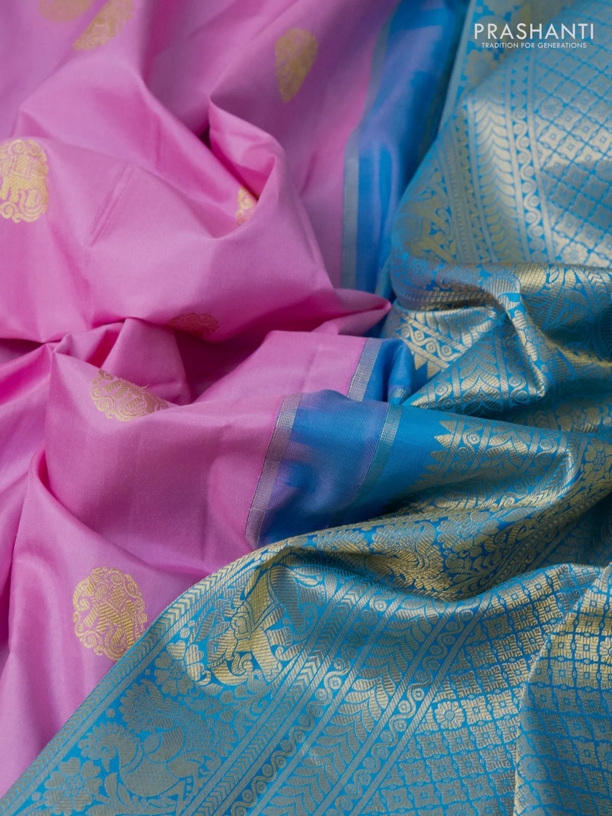 Pure gadwal silk saree lotus pink and cs blue with zari woven buttas and long temple design zari woven border - Image 3