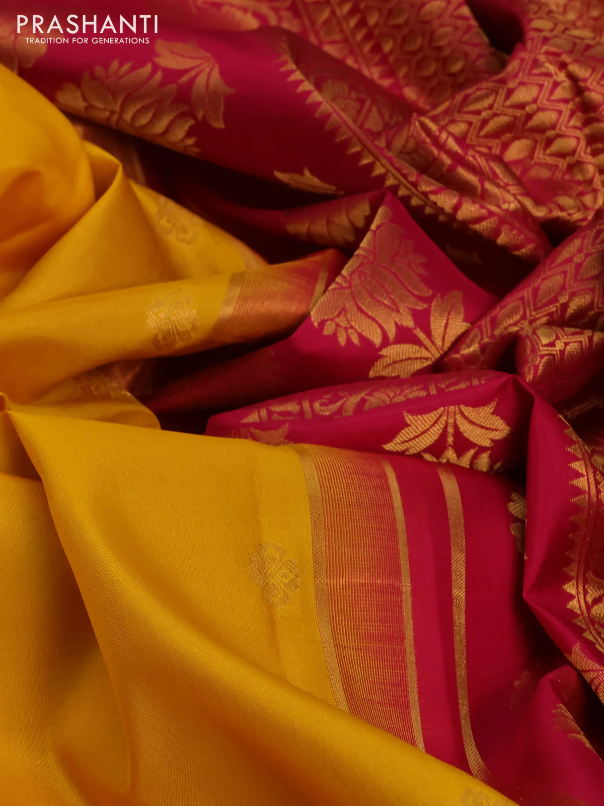 Pure gadwal silk saree mango yellow and pink with allover zari woven buttas and temple design zari woven border - Image 3