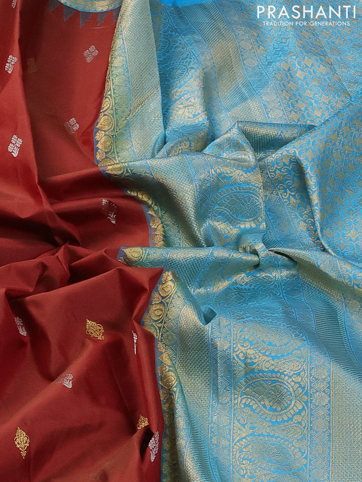 Pure gadwal silk saree maroon and cs blue with zari woven buttas and temple design zari woven border - Image 3