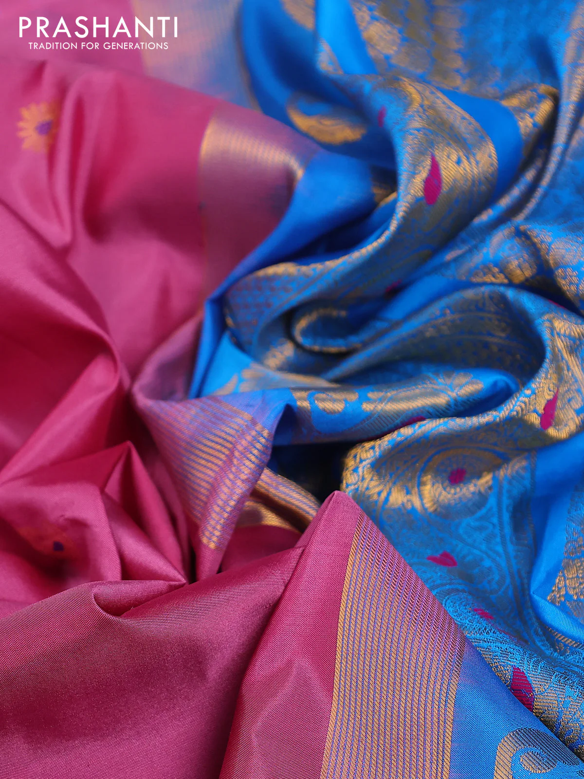 Pure gadwal silk saree mauve pink and cs blue with zari woven buttas and temple design zari woven border - Image 3