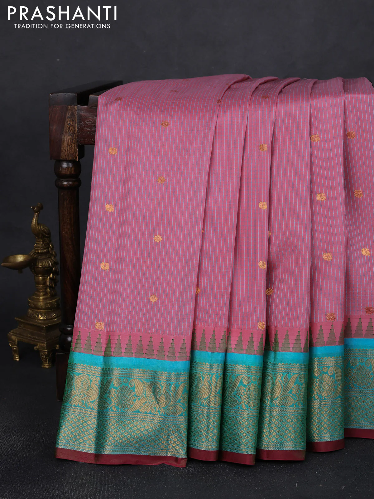 Pure gadwal silk saree mauve pink and teal green with allover small checks & zari buttas and temple design zari woven border