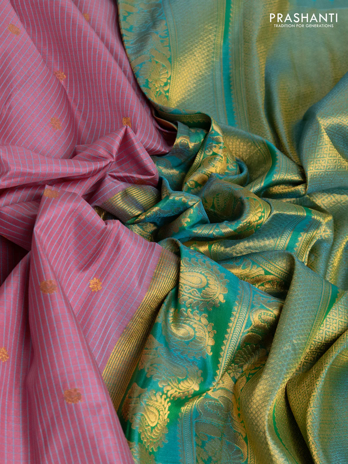 Pure gadwal silk saree mauve pink and teal green with allover small checks & zari buttas and temple design zari woven border - Image 3
