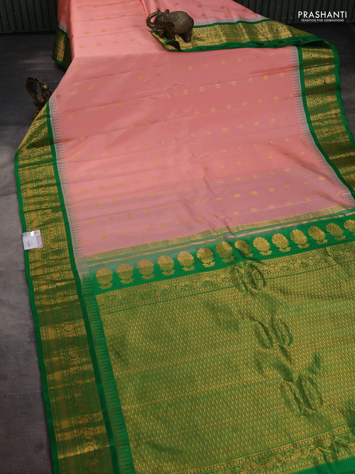 Pure gadwal silk saree mild peach and green with zari woven buttas and temple design zari woven border - Image 2