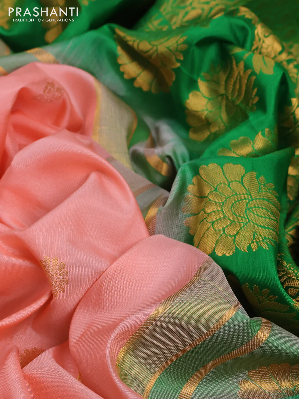 Pure gadwal silk saree mild peach and green with zari woven buttas and temple design zari woven border - Image 3