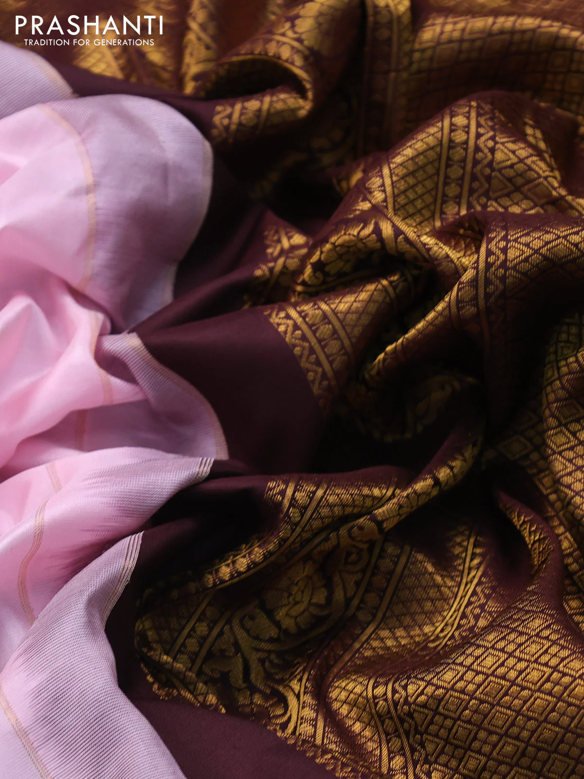 Pure gadwal silk saree mild peach pink and coffee brown with allover zari woven buttas and temple design zari woven border - Image 3