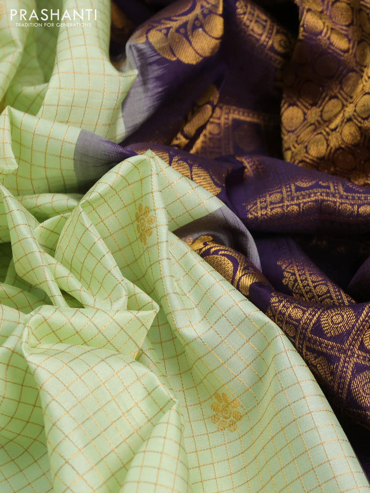 Pure gadwal silk saree mild pista green and deep purple with allover zari checks & buttas and temple design rettapet zari woven border - Image 3