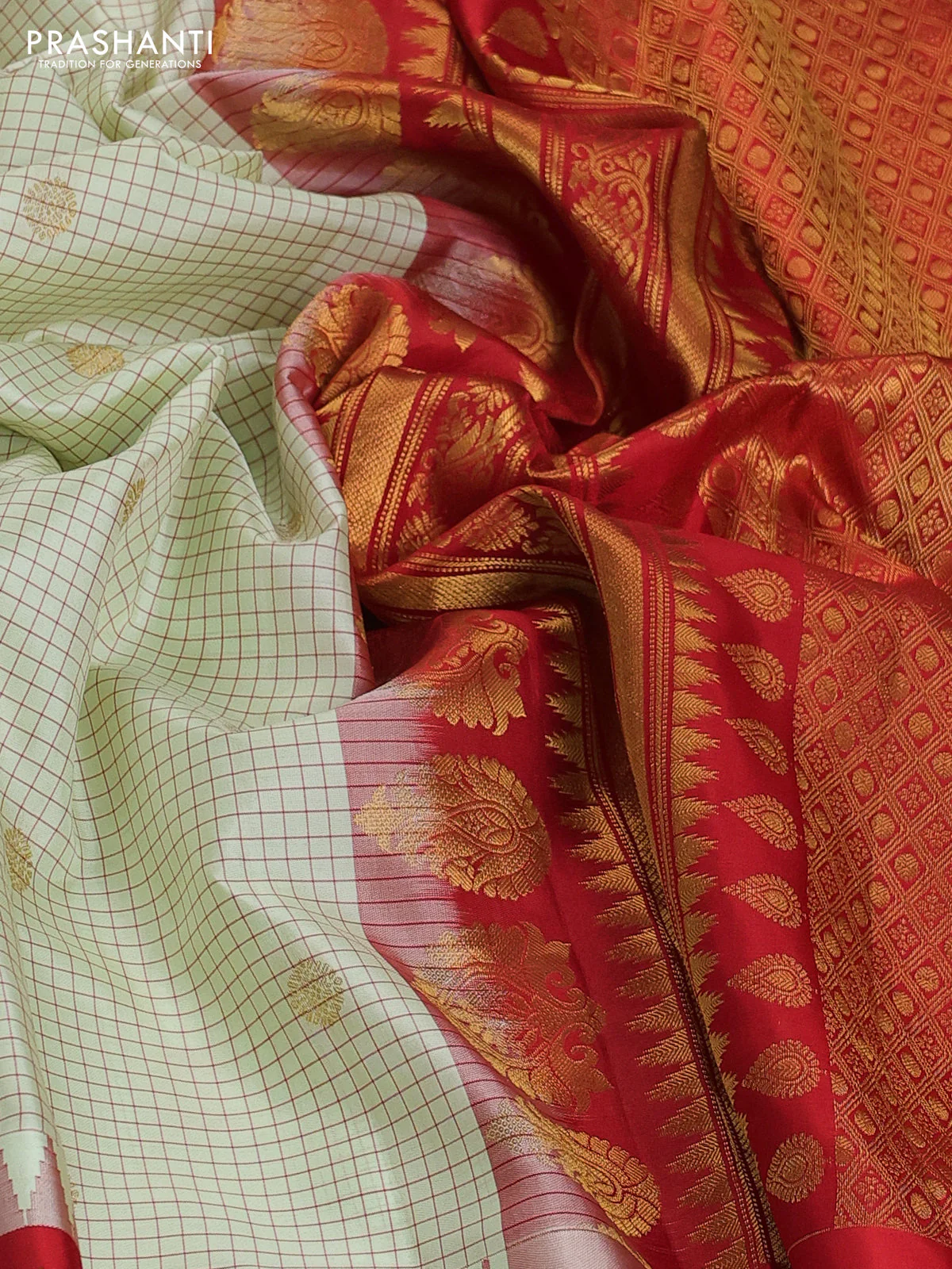 Pure gadwal silk saree mild pista green and orange with allover checks & zari buttas and temple design zari woven border - Image 3