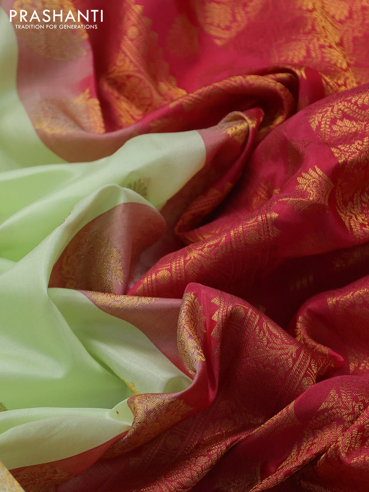 Pure gadwal silk saree mild pista green and red with zari woven buttas and temple design zari woven border - Image 3