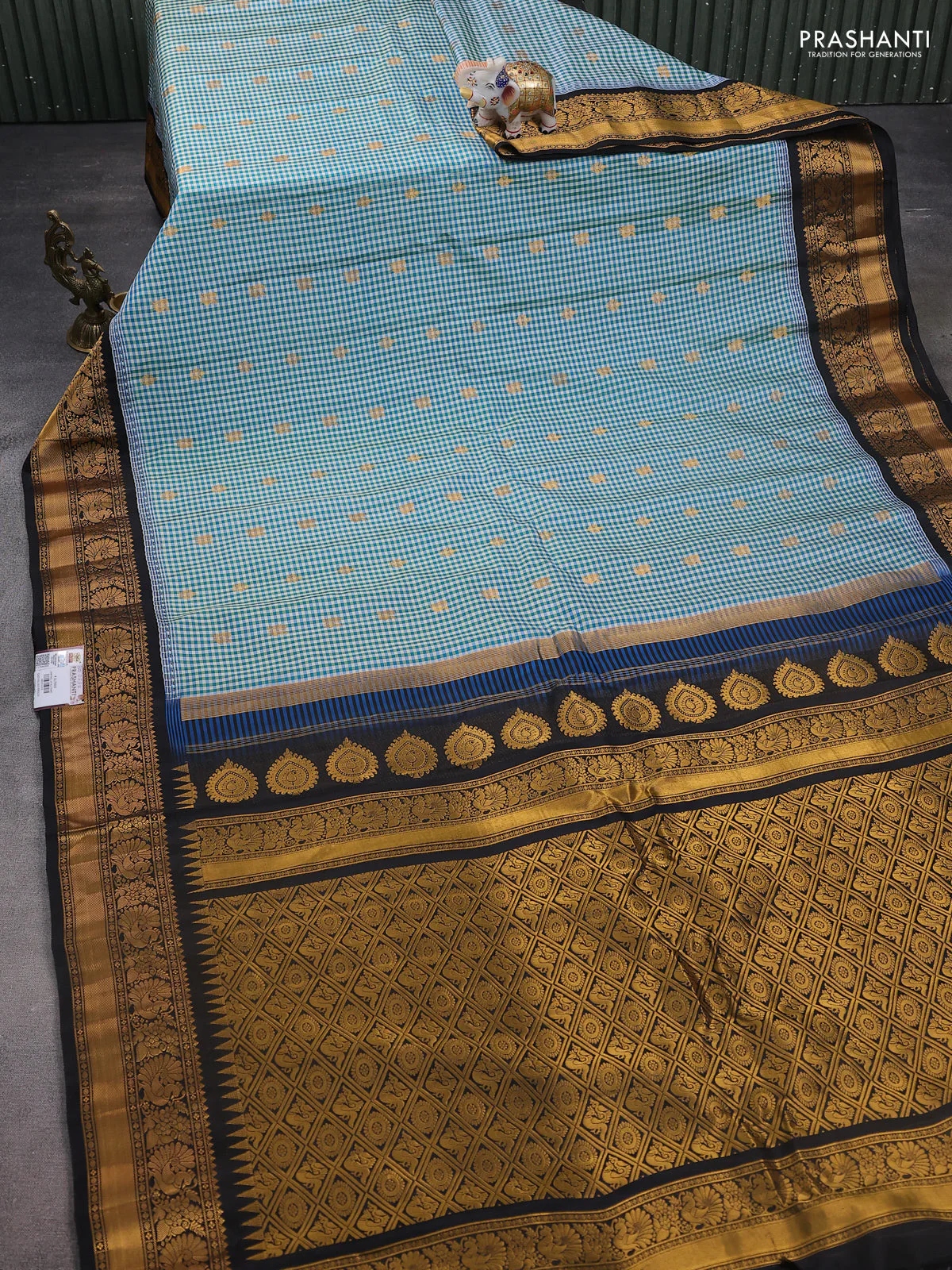 Pure gadwal silk saree multi colour and blue black with allover small checks & zari buttas and temple design zari woven border - Image 2