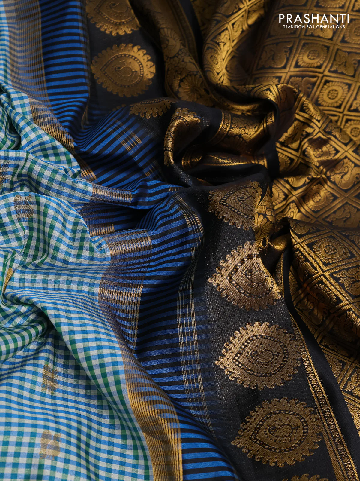 Pure gadwal silk saree multi colour and blue black with allover small checks & zari buttas and temple design zari woven border - Image 3