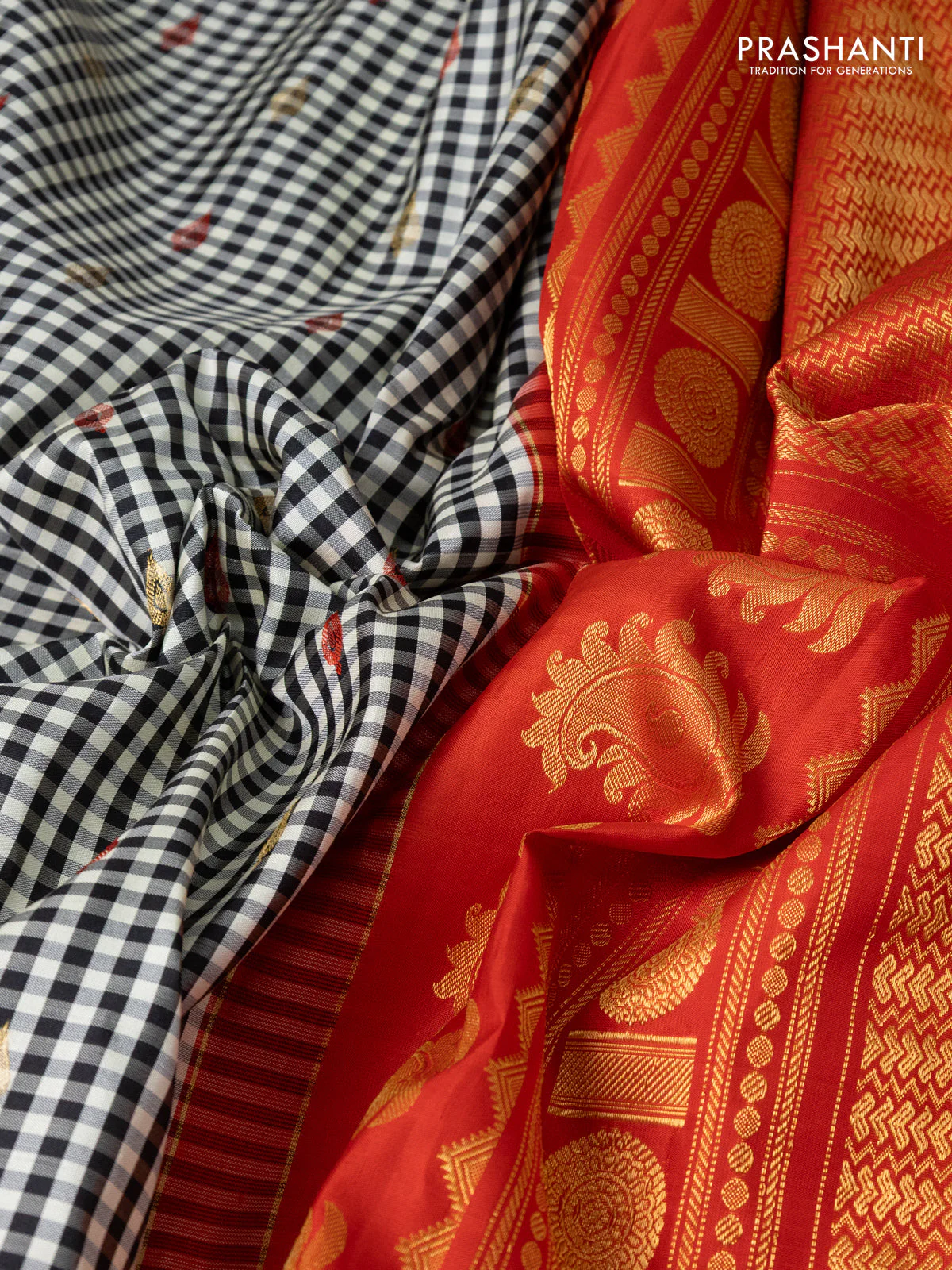 Pure gadwal silk saree off white black and red with allover checks & zari buttas and temple design zari woven border - Image 3