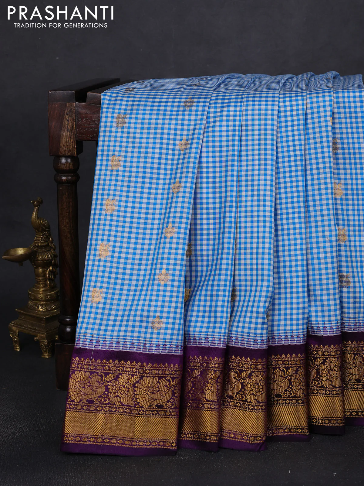Pure gadwal silk saree off white blue and purple with allover small checks & zari buttas and temple design zari woven border