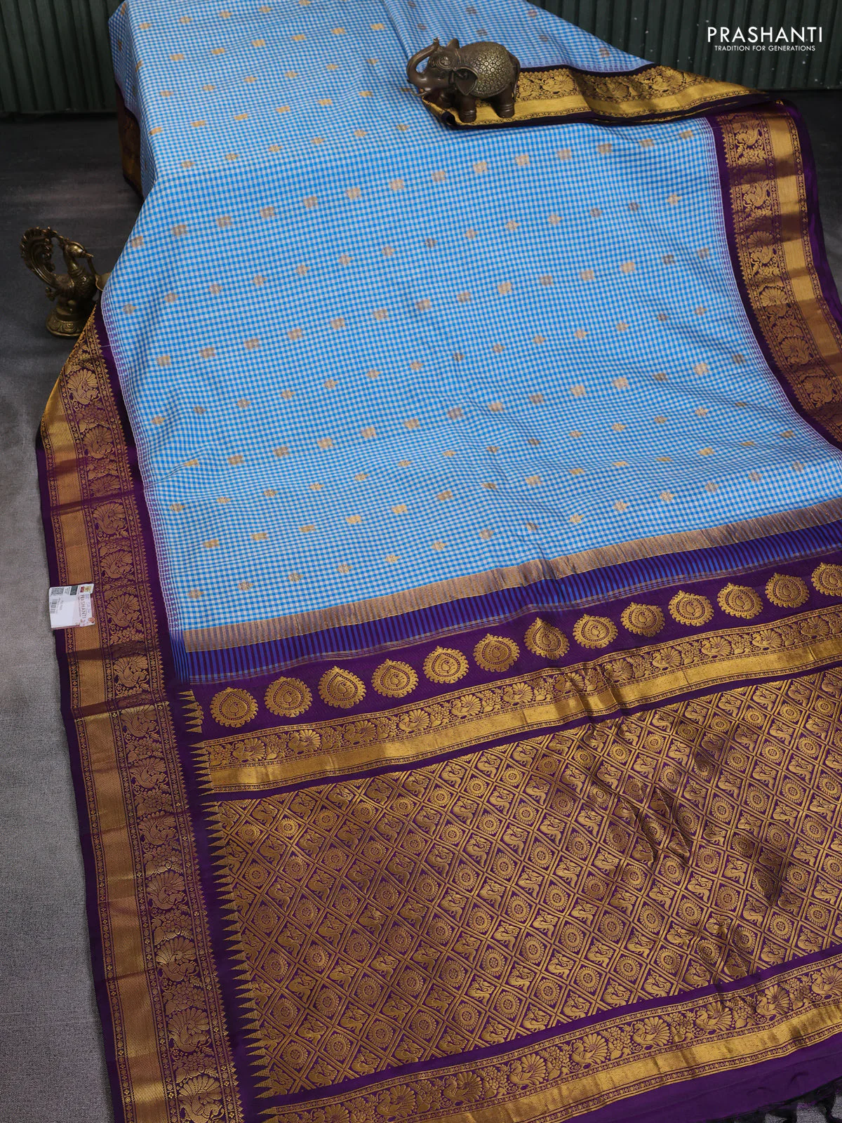 Pure gadwal silk saree off white blue and purple with allover small checks & zari buttas and temple design zari woven border - Image 2