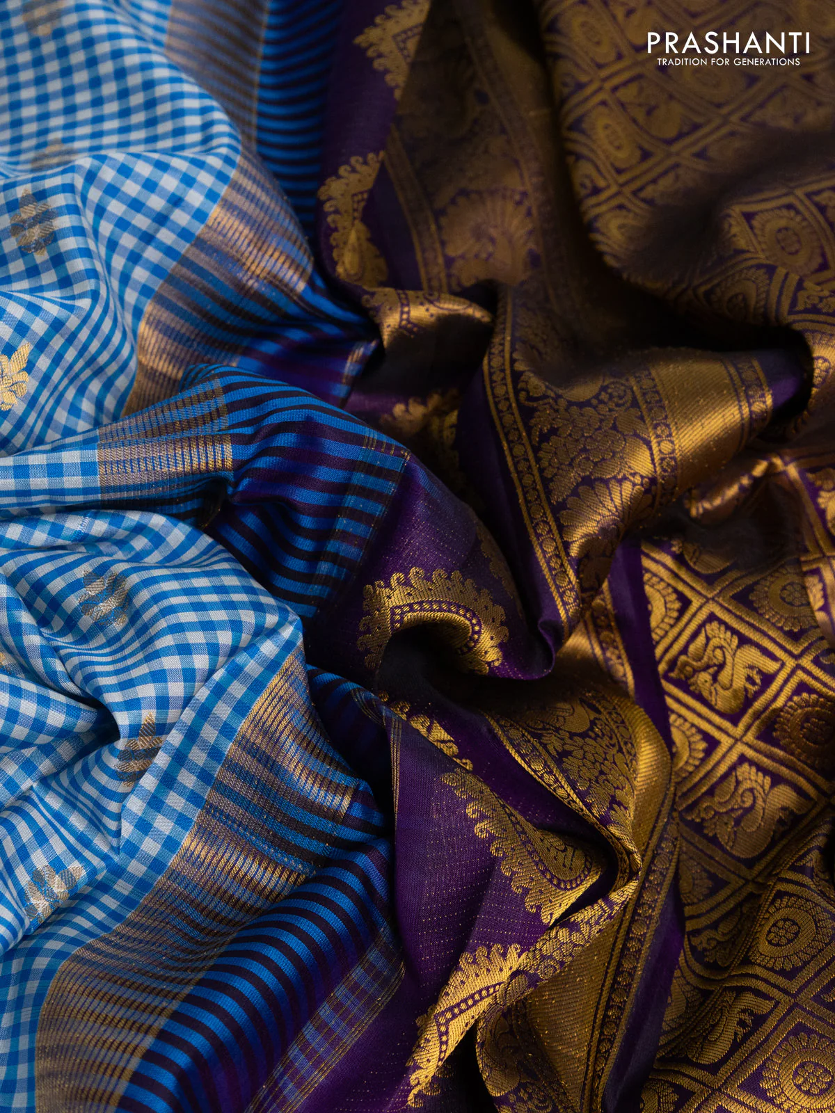 Pure gadwal silk saree off white blue and purple with allover small checks & zari buttas and temple design zari woven border - Image 3
