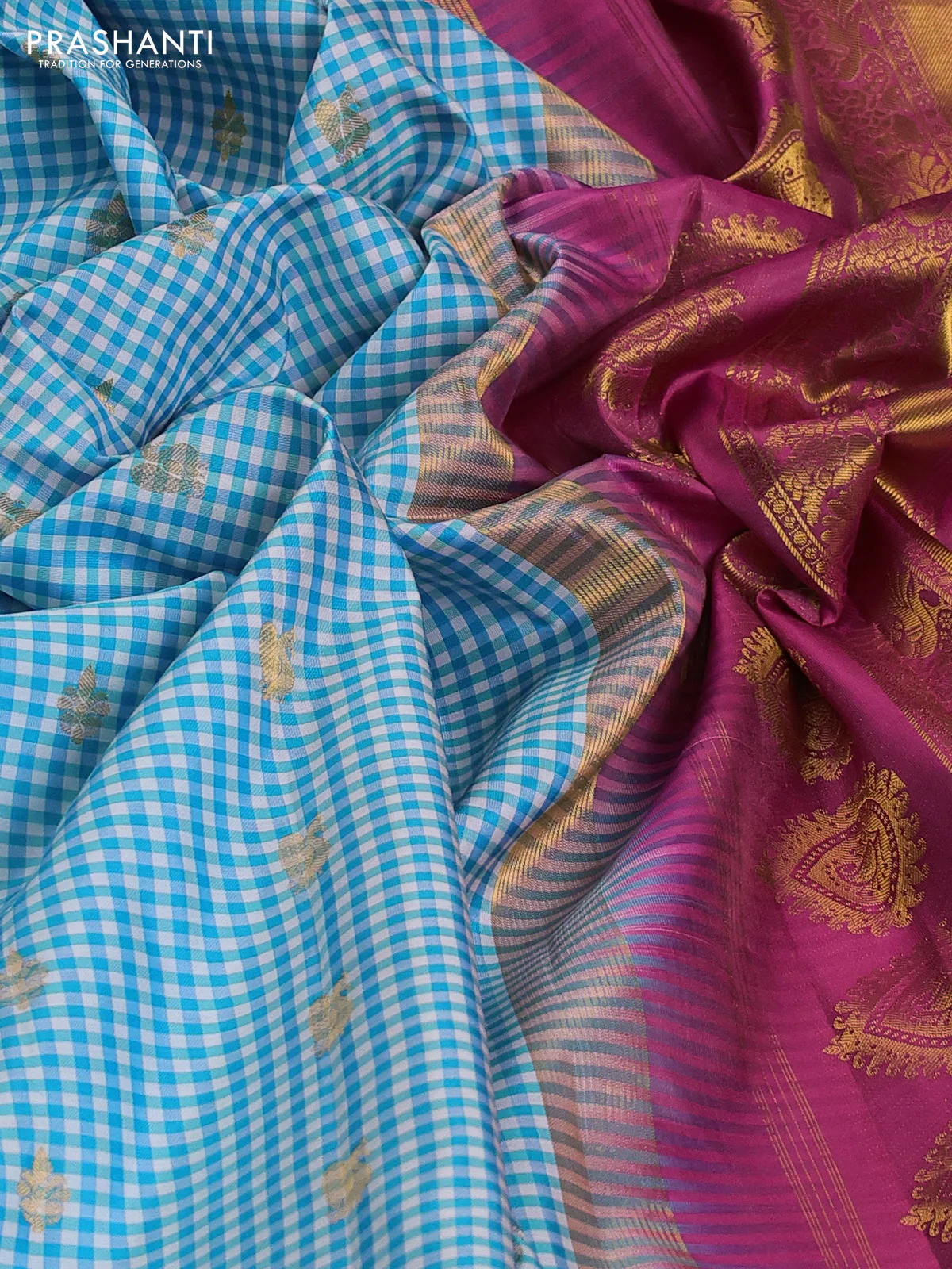 Pure gadwal silk saree off white light blue and pink with allover small checks & zari buttas and temple design zari woven border - Image 3