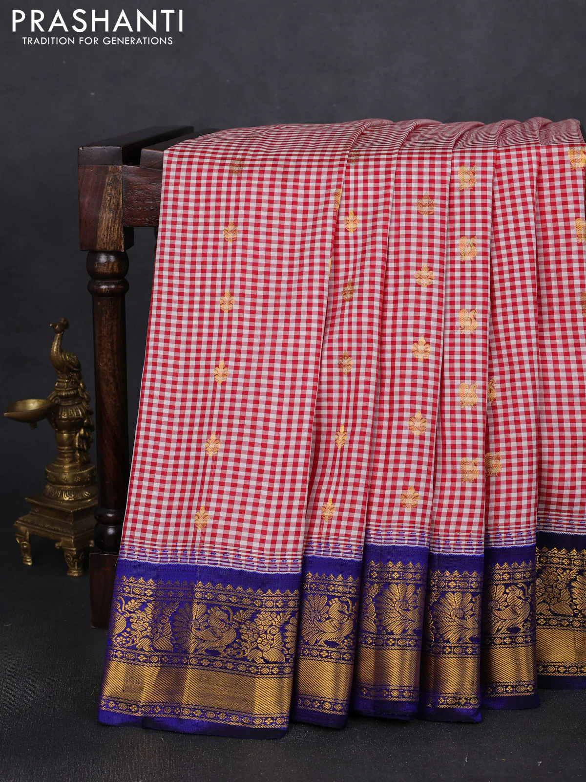 Pure gadwal silk saree off white maroon and blue with allover small checks & zari buttas and temple design floral zari woven border