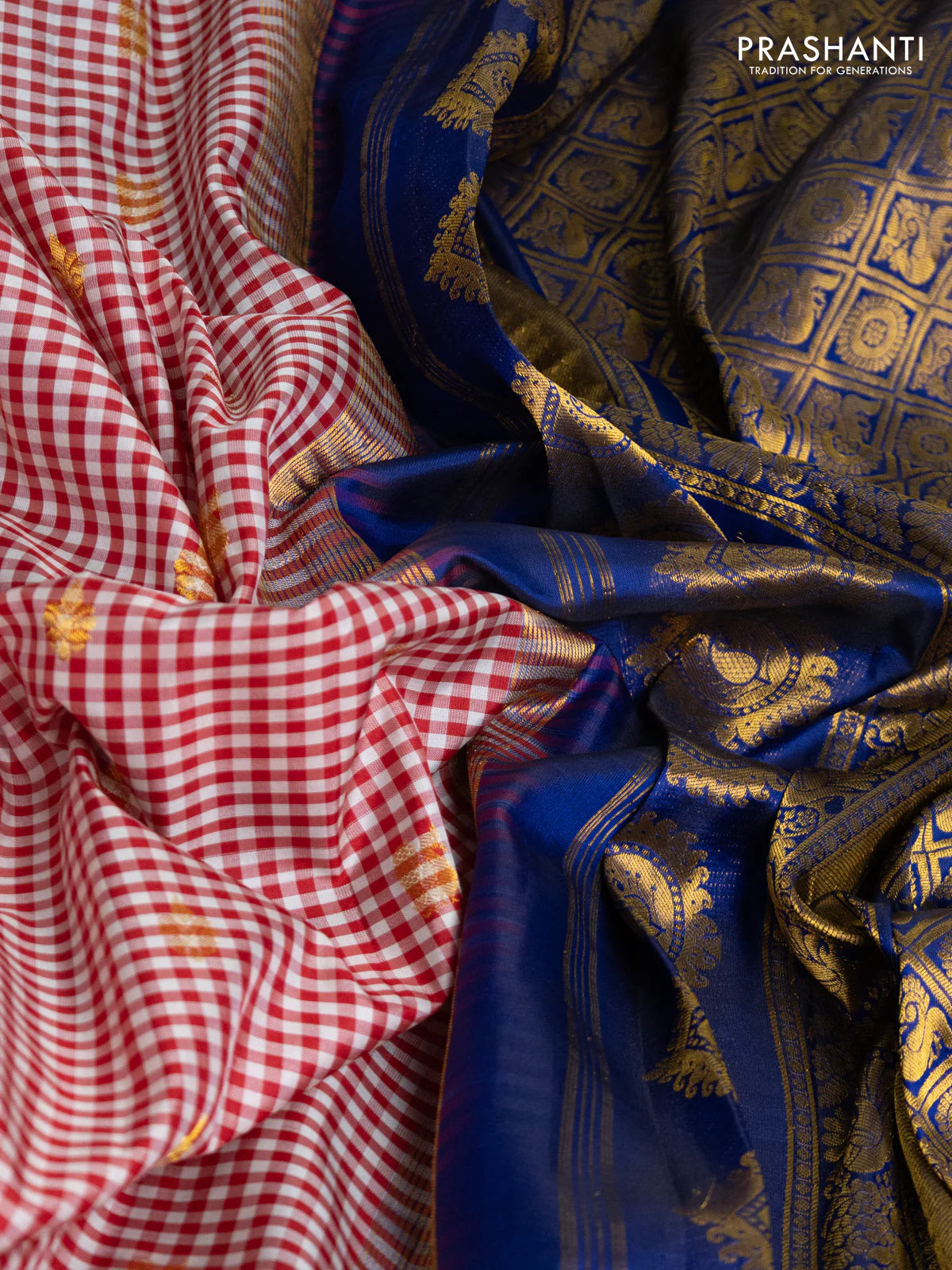 Pure gadwal silk saree off white maroon and blue with allover small checks & zari buttas and temple design floral zari woven border - Image 3