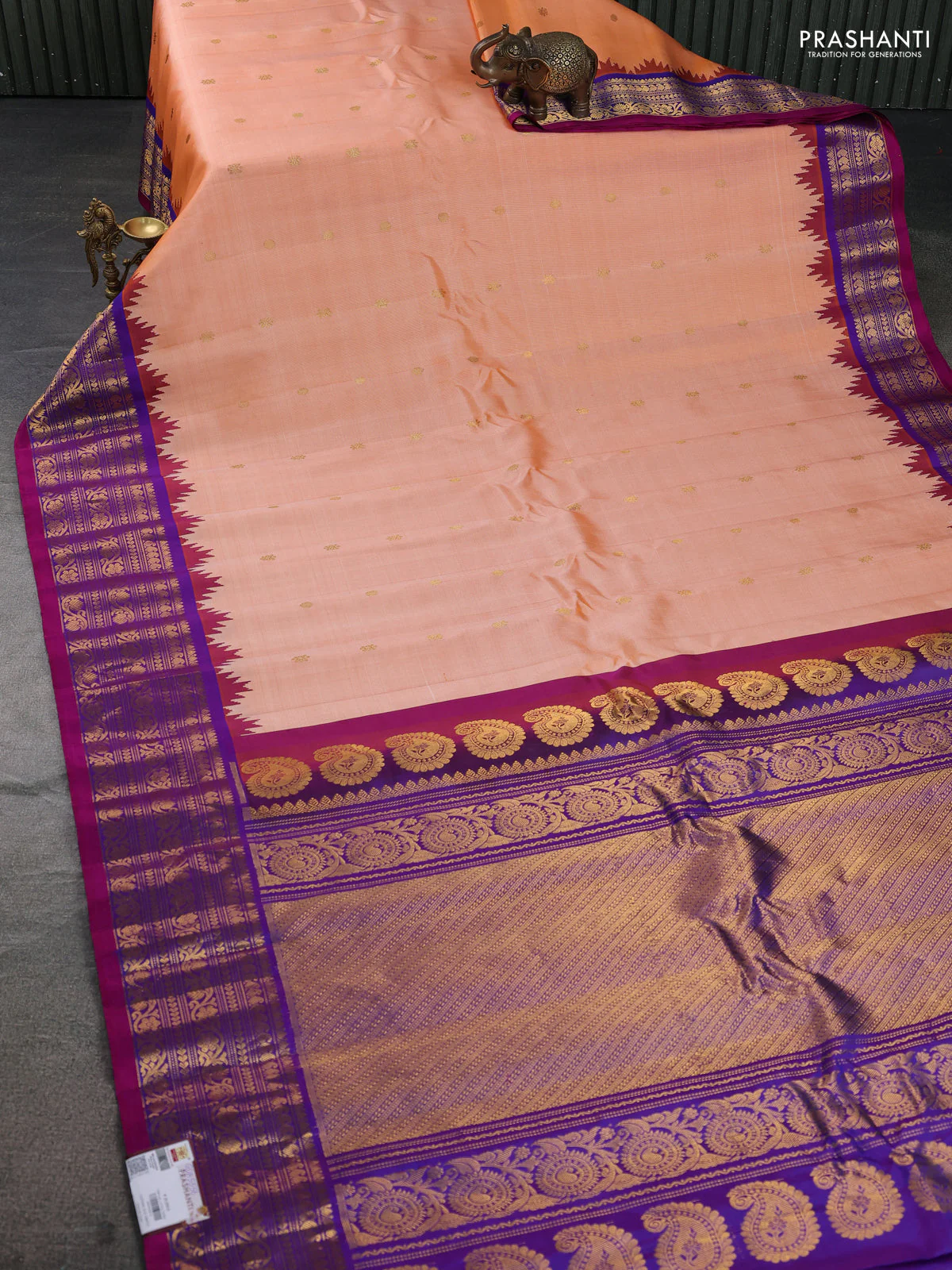 Pure gadwal silk saree orange and dual shade of purple with zari woven buttas and temple design zari woven border - Image 2